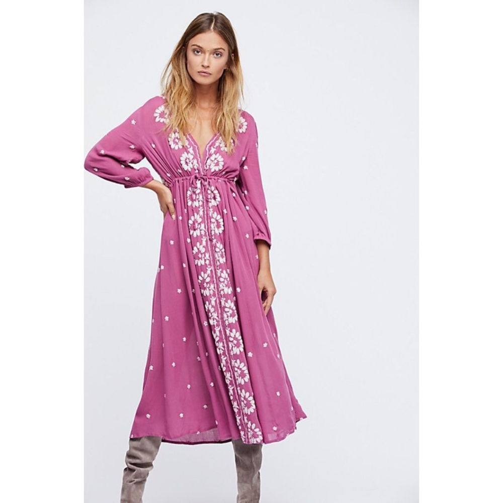Free People Embroidered Fable Midi Dress in Pink/Purple